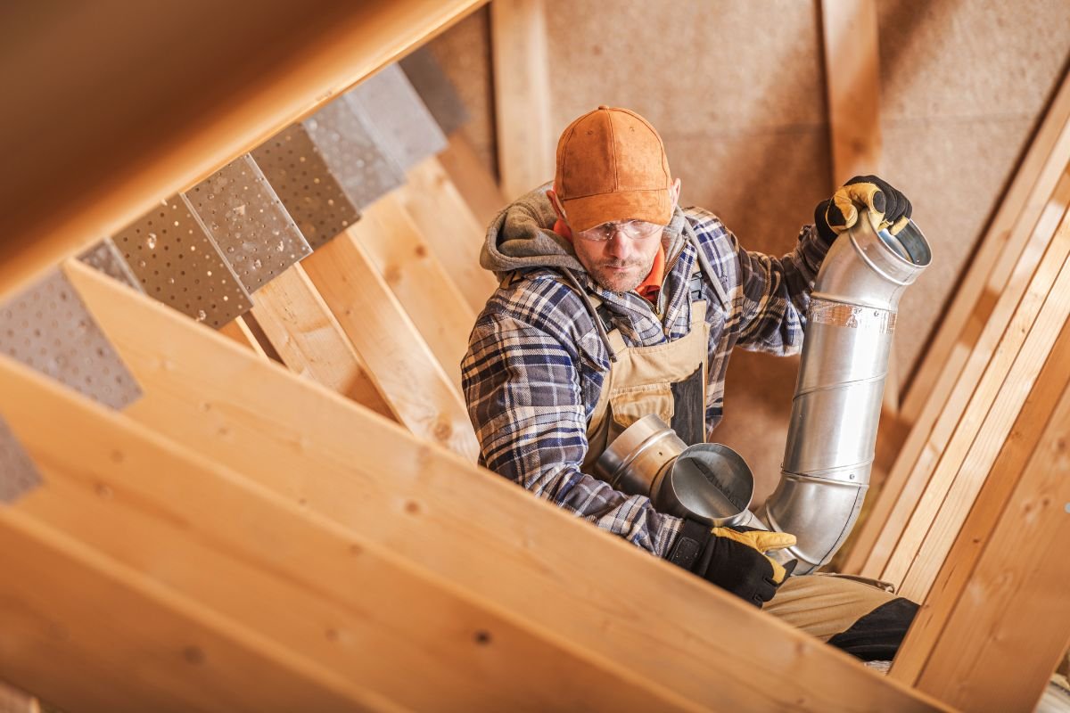 A construction worker in a flannel shirt and gloves holds metal ducting in a wooden framework, surrounded by beams and insulation.