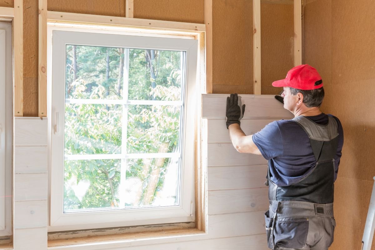 A man in a hard hat and overalls installs an insulated window, focusing on precision and safety during the process.